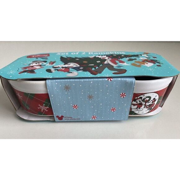 Set Of 2 Disney Mickey Minnie Mouse Ramekins Stackable Dessert Dish Mistletoe - Picture 1 of 9